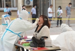 지난달 북한과 인접한 중국 랴오닝성 다롄에서 보건 관계자가 신종 코로나바이러스 임시 검사소에서 주민들에 대한 감염 검사를 하고 있다. 최근 랴오닝성에서는 코로나 감염이 증가세를 보이고 있다.