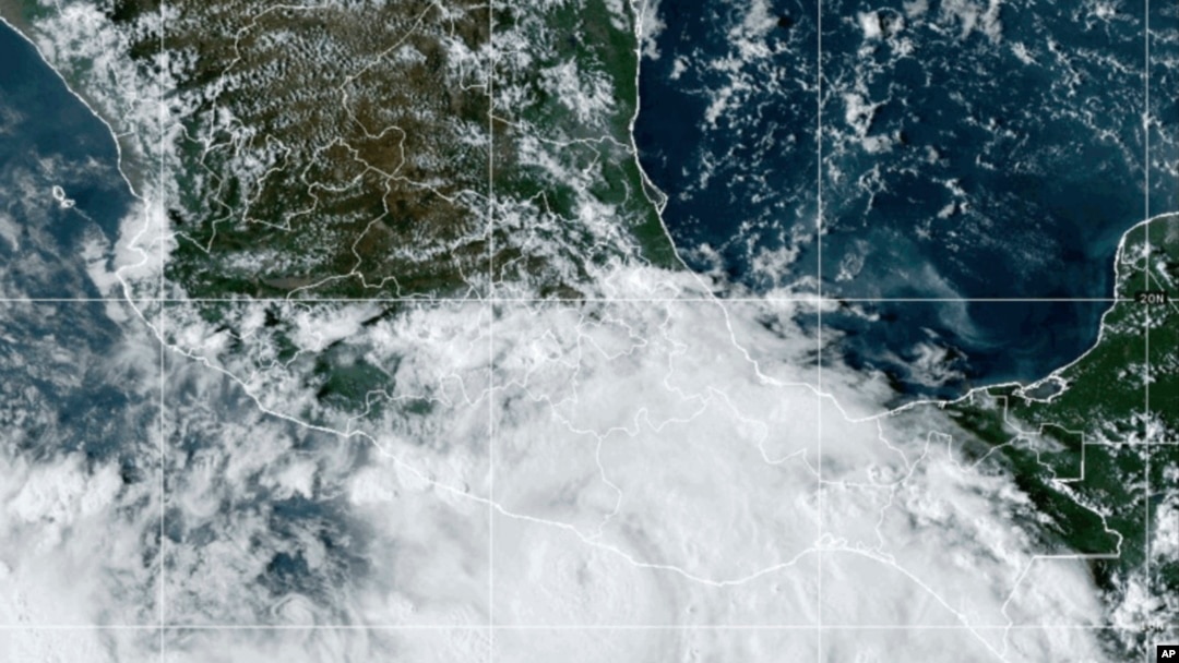 This National Oceanic and Atmospheric Administration satellite image taken at 6:10pm ET shows Hurricane John near southern Mexico on Sept. 23, 2024. (NOAA via AP)