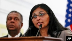 FILE — The deputy CEO of the U.S. DFC, Nisha Biswal speaks during a media briefing in Colombo, Sri Lanka, February 2, 2015. She was formerly the U.S. Assistant Secretary of State for South and Central Asian Affairs.