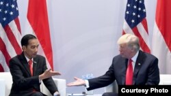 Presiden Joko Widodo dan Presiden Donald Trump langsungkan pertemuan di sela-sela KTT G20 di Hamburg, Jerman, Sabtu, 8 Juli 2017. (Foto courtesy: Setpres RI)