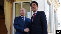 Russian President Vladimir Putin, left, and Japanese Prime Minister Shinzo Abe shake hands during their meeting in the Bocharov Ruchei residence in Sochi, Russia, Saturday, Feb. 8, 2014.