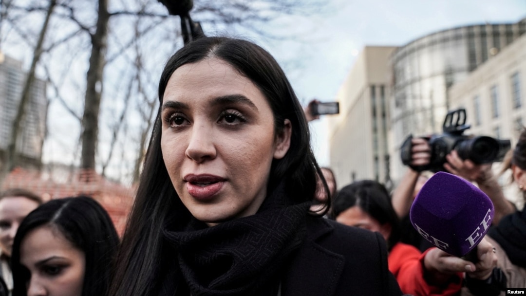 FILE - Emma Coronel Aispuro, the wife of Joaquin Guzman, the Mexican drug lord known as "El Chapo", exits the Brooklyn Federal Courthouse during the trial in the Brooklyn borough of New York, Feb. 5, 2019. 