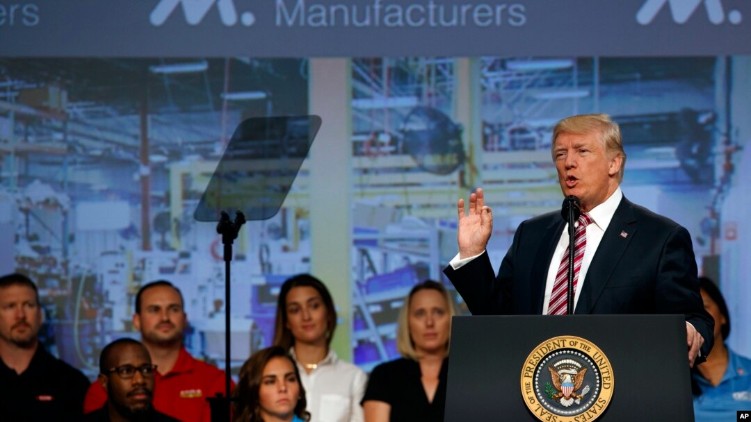President Donald Trump speaks to the National Association of Manufactures at the Mandarin Oriental hotel, Sept. 29, 2017, in Washington. 