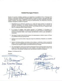 Documento firmado para la creación de la alianza electoral Unidad Nicaragua Primero.