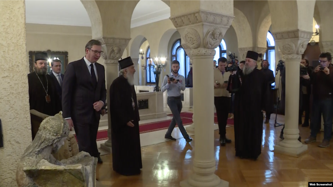 Predsednik Srbije Aleksandar Vučić i patrijarh Srpske pravoslavne crkve Irinej, nakon sasntanka u Beogradu prošle godine, Foto: video grab