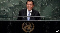 Cambodia's Prime Minister Hun Sen addresses the 73rd session of the United Nations General Assembly, at U.N. headquarters, Friday, Sept. 28, 2018. (AP Photo/Richard Drew)