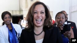 FILE - U.S. Sen. Kamala Harris, a California Democrat, leaves a campaign event at Miami Dade College in Miami, Oct. 29, 2018. 