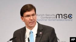 U.S. Secretary of Defense Mark Esper speaks on the second day of the Munich Security Conference in Munich, Germany, Feb. 15, 2020.