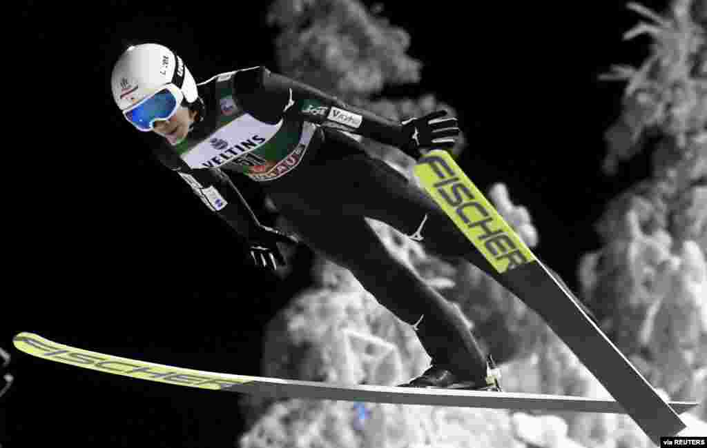 Japan&#39;s Keiichi Sato in action in the Ski Jumping World Cup in Kuusamo, Finland, Nov. 27, 2020.