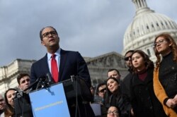 FILE - U.S. Rep. Will Hurd, a Texas Republican, speaks at a news conference outside the Capitol in Washington, Feb. 13, 2019.