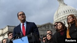 FILE - U.S. Rep. Will Hurd, a Texas Republican, speaks at a news conference outside the Capitol in Washington, Feb. 13, 2019. 