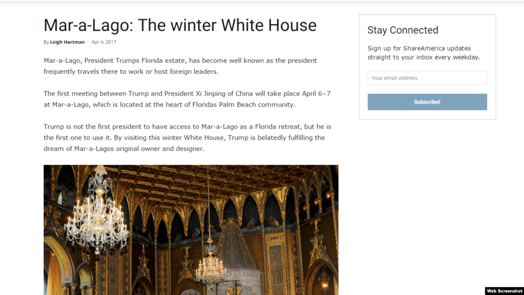 Sebuah arsip memperlihatkan potongan gambar dari artikel yang diambil dari situs Deplu AS, terkait properti Presiden AS Donald Trump, Mar-a-Lago. (Foto: dok).