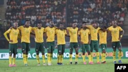 FILE — South African players look on during the penalty shootout of the 2023 Africa Cup of Nations third place play-off against Democratic Republic of Congo at Felix Houphouet-Boigny Stadium in Abidjan on February 10, 2024.