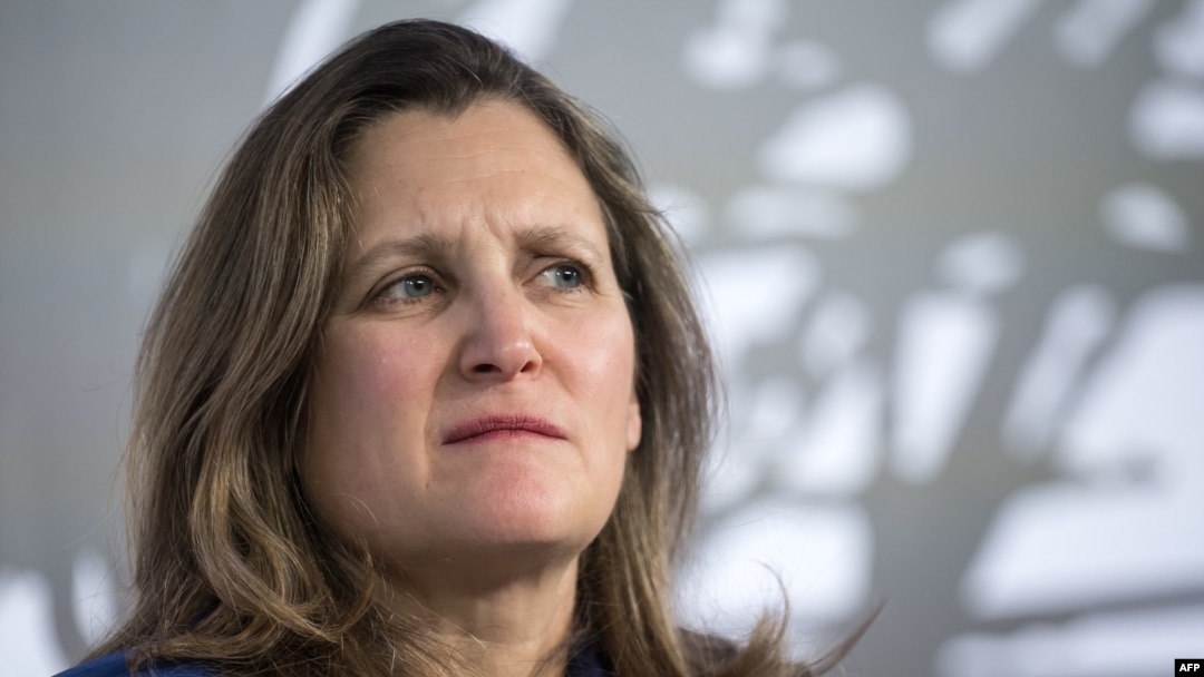 (FILES) Canada’s Minister of Finance Chrystia Freeland attends the Ukranian Breakfast on the sidelines of the World Economic Forum (WEF) meeting in Davos on January 18, 2024.