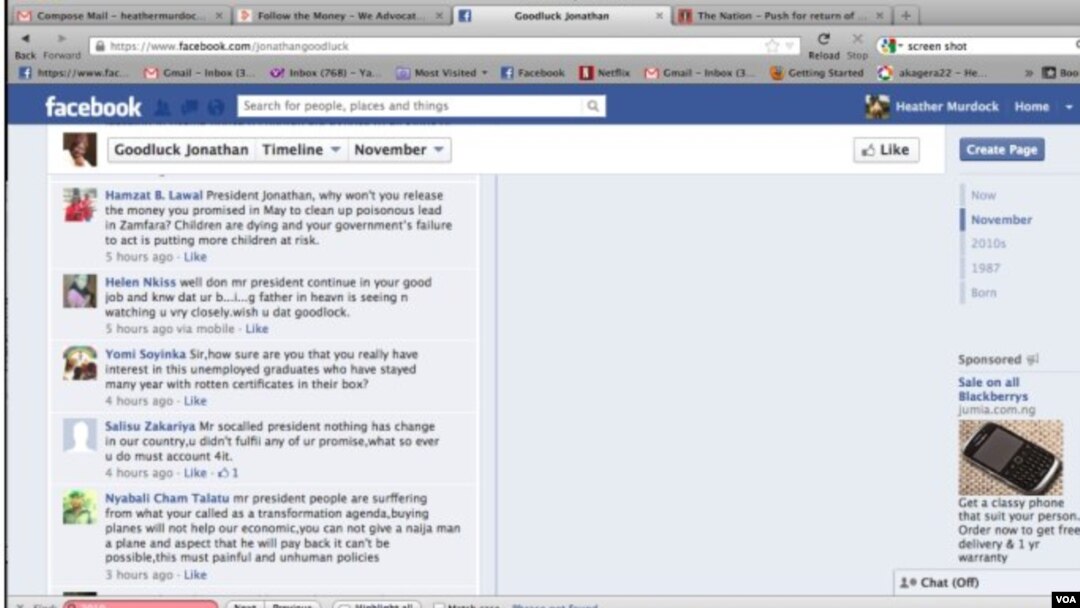 Screenshot of Nigerian President Goodluck Jonathan’s Facebook page. (Heather Murdock/VOA)