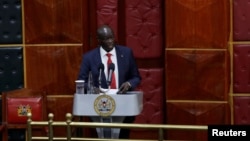 Kenya's Deputy President Rigathi Gachagua address legislators ahead of the lawmakers' vote over his impeachment motion at the Parliament buildings in Nairobi, Kenya, Oct. 8, 2024.