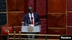 Kenya's Deputy President Rigathi Gachagua address legislators ahead of the lawmakers' vote over his impeachment motion at the Parliament buildings in Nairobi, Oct. 8, 2024.