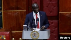 Kenya's Deputy President Rigathi Gachagua address legislators ahead of the lawmakers' vote over his impeachment motion at the Parliament buildings in Nairobi, Oct. 8, 2024.