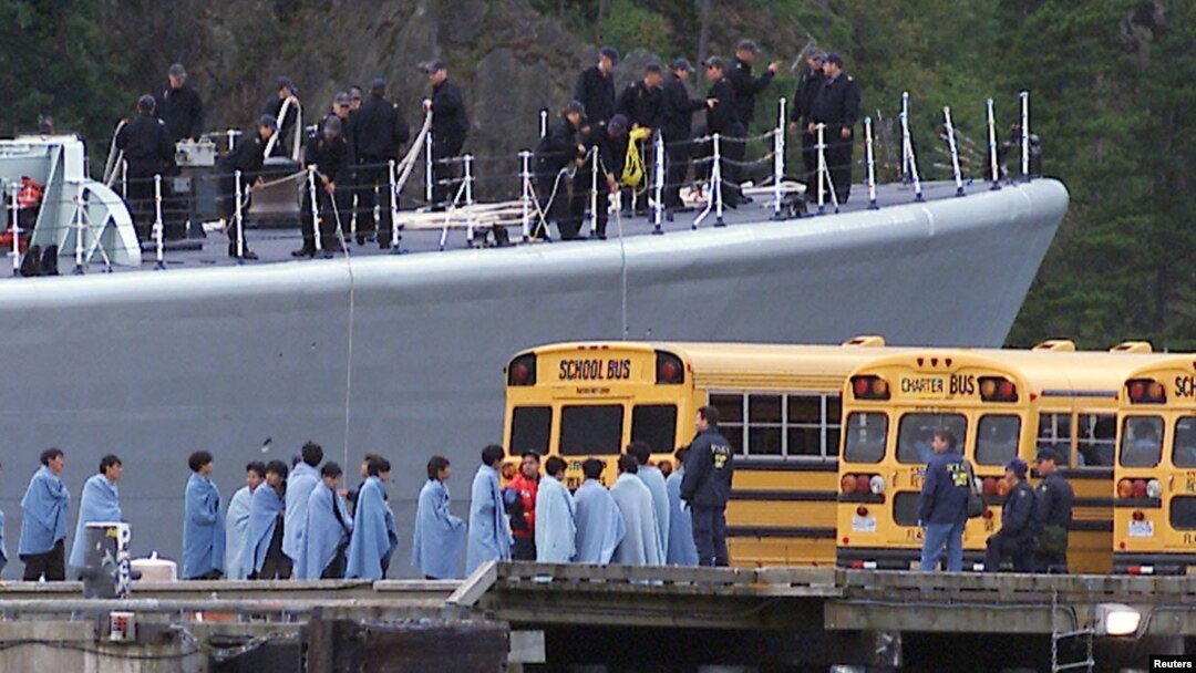 FILE - The HMCS Algonquin departs Gold River after dropping off its cargo of illegal Asian migrants, Aug. 31, 1999. The refugees will be processed by immigration officials and detained at a military base in Victoria.
