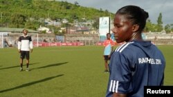 FILE - Congolese International referee Rachel Zihindula 24, attends a training exercise alongside other referees at the Stade de l'Unite, a multi-use stadium in Goma, Democratic Republic of Congo May 2, 2023.