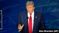 Republican presidential nominee former President Donald Trump speaks during a presidential debate with Democratic presidential nominee Vice President Kamala Harris at the National Constitution Center, Sept. 10, 2024, in Philadelphia. 