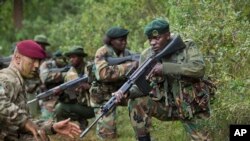 Des soldats britanniques et kenyans s'entraînent dans la forêt de Nanyuki, au Kenya, le 5 décembre 2013.