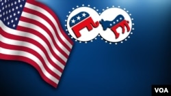 US flag, waving, with Republican party elephant and Democratic party donkey symbols, on texture, partial graphic