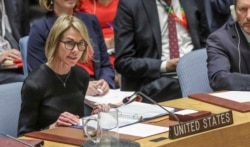 FILE - United States U.N. Ambassador Kelly Craft addresses the Security Council after a failed vote on a humanitarian draft resolution for Syria, Sept. 19, 2019, at U.N. headquarters.