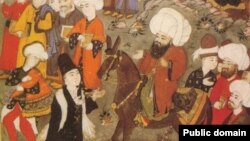 Manuskrip Persia yang menggambarkan pertemuan Jalaluddin al-Rumi dengan Shams-i Tabrizi.