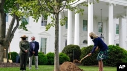 First lady Jill Biden participates in an Arbor Day tree-planting ceremony at the White House, April 30, 2021.