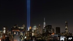 The Tribute in Light rises above the lower Manhattan skyline, Sept. 10, 2019, in New York. Wednesday marks the 18th anniversary of the terror attacks against the United States of Sept. 11, 2001. 