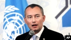 United Nations Special Coordinator for the Middle East Peace Process Nickolay Mladenov, speaks during a press conference in Gaza City, Feb. 17, 2016.