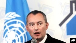 United Nations Special Coordinator for the Middle Le Coordonnateur spécial des Nations Unies pour le processus de paix au Moyen-Orient, Nickolay Mladenov, lors d'une conférence de presse à Gaza, le 17 février 2016.