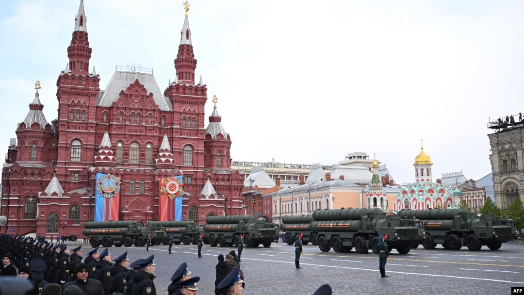 TOPSHOT - A column of Russian missile S-400 Triumf systems drives on Red Square during the Victory Day military parade in central Moscow on May 9, 2024.
