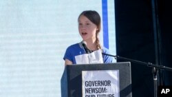 Climate change activist Greta Thunberg speaks after a climate change march in Los Angeles on Nov. 1, 2019. 