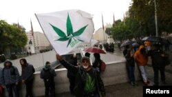 Seorang pria melambaikan bendera dalam sebuah rapat akbat menentang perdagangan narkoba untuk mendukung legalisasi budidaya marijuana pribadi untuk tujuan pengobatan dan rekreasi di Santiago, Chile tanggal 20 April 2017 (foto: REUTERS/Ivan Alvarado)