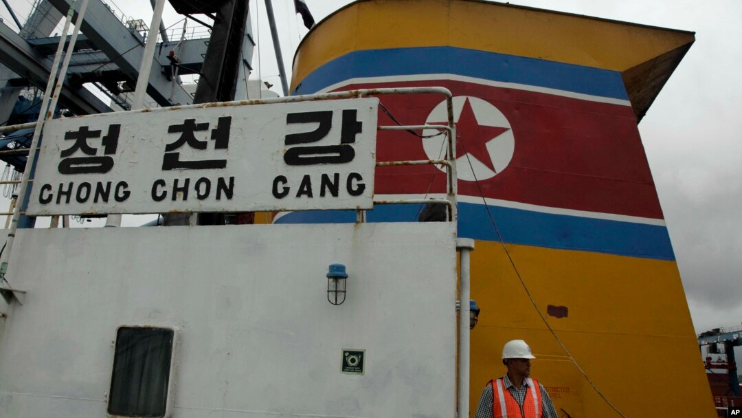 Panamanian presidential security walks on the deck aboard a North Korean-flagged ship at the Manzanillo International container terminal on the coast of Colon City, Panama, July 16, 2013. 