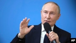 Russian President Vladimir Putin speaks in in Kyzyl, Republic of Tyva, Russia, Sept. 2, 2024. 