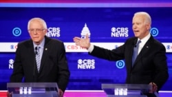 Democratic presidential candidates, Sen. Bernie Sanders, I-Vt., left, and former Vice President Joe Biden, right, participate in a Democratic presidential primary debate at the Gaillard Center, Tuesday, Feb. 25, 2020, in Charleston, S.C., co-hosted…