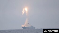 A Tsirkon hypersonic cruise missile is launched from the Russian guided missile frigate Admiral Gorshkov during a test in the White Sea, in this still image taken from video released Oct. 7, 2020. (Russian Defense Ministry/handout via Reuters)