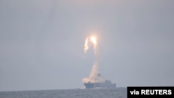 FILE - A Tsirkon hypersonic cruise missile is launched from the Russian guided missile frigate Admiral Gorshkov during a test in the White Sea, in this still image taken from video released Oct. 7, 2020. (Russian Defense Ministry/handout via Reuters)