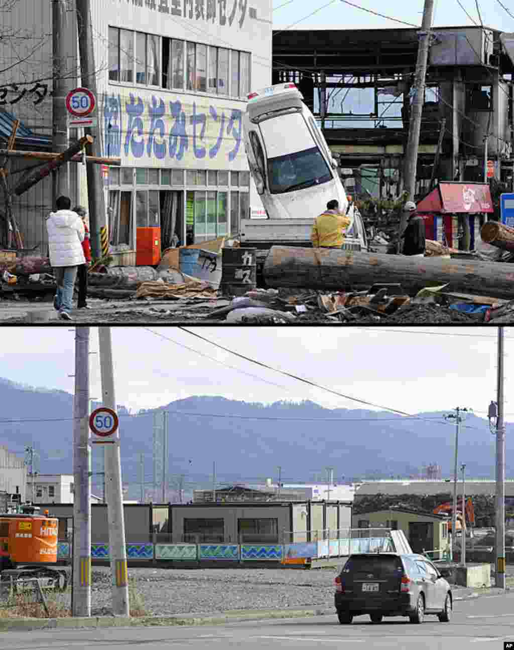 This combination of pictures shows the view of a tsunami hit area of Ofunato, Iwate prefecture on March 14, 2011 (top) and as the scene appears on January 15, 2012 (bottom). (AFP)