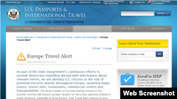 美国发出欧洲恐怖袭击旅行警告(美国国务院网页截屏)