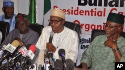 Nigerian opposition leader Muhammadu Buhari, from the Progressives Congress APC party, speaks at a press conference in Abuja, Nigeria, Sunday, Feb. 8, 2015.