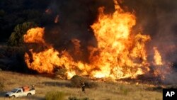 Firefighters try to extinguish a fire in the Kalyvia area some 30 kilometers (18 miles) south of Athens, July 31, 2017. Wildfires are also burning across Albania and on Corsica.