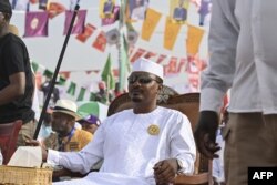 FILE—Chad's transitional president and presidential election candidate Mahamat Idriss Deby Itno, looks on during a final presidential election campaign rally at the place des nations in N'Djamena on May 4, 2024.