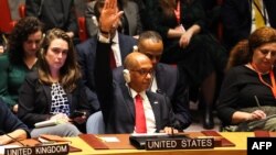 U.S. Ambassador Robert A. Wood raises his hand during a United Nations Security Council meeting on Gaza.