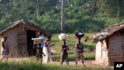 'Yan gudun hijira daga Ivory Coast ake gani a hoton nan, suna
isa kasar Guinea.