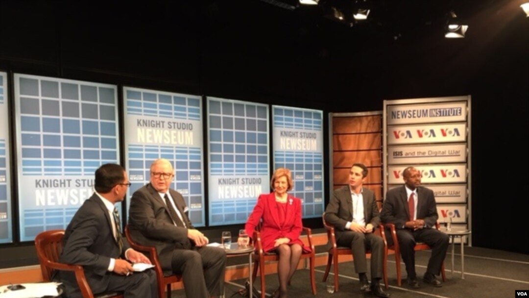 Left to right: Mil Arcega, Gene Policinski, Baroness Emma Nicholson of Winterbourne, Lorenzo Vidino and Harun Maruf discuss ISIS’s use of propaganda during a town hall at the Newseum in Washington, D.C., Oct. 21, 2015.