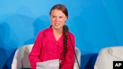 Environmental activist Greta Thunberg, of Sweden, addresses the Climate Action Summit in the United Nations General Assembly, at U.N. headquarters, Sept. 23, 2019.